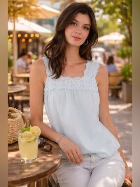 Sugar + Lips Baby Blue Eyelet Lace Babydoll Tank Top Medium NWT